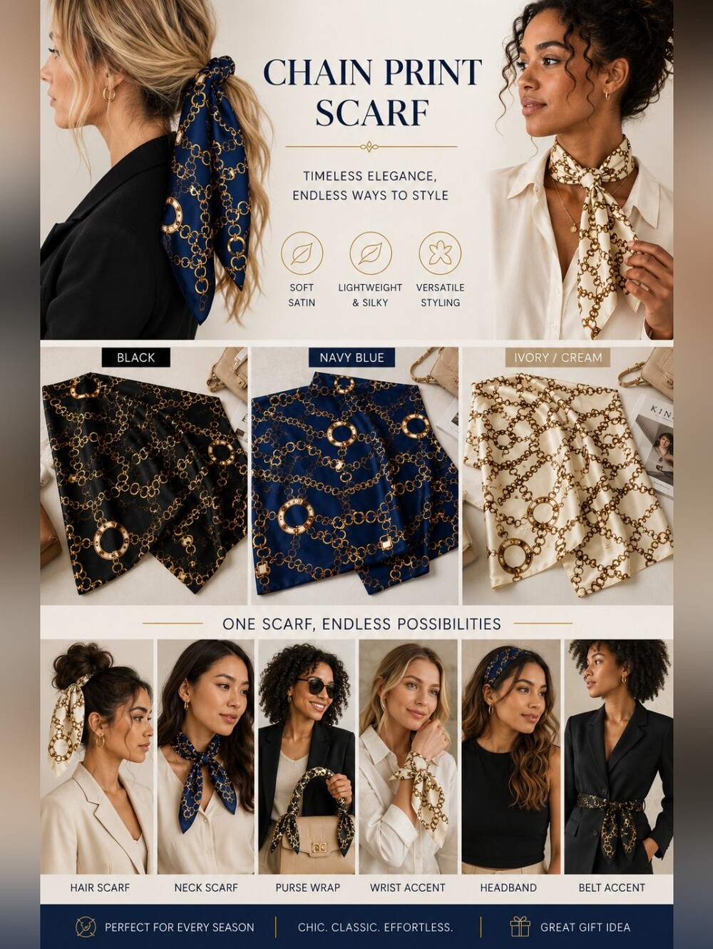 Elegant Satin Chain Print Scarf | Choice of Color